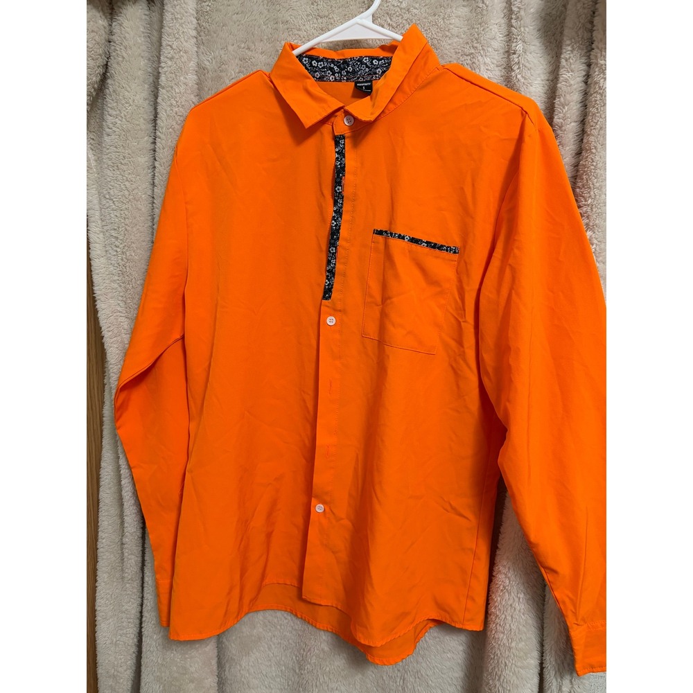 MANFINITY Kids Orange Button Down Shirt Floral Collar Long Sleeve Size S